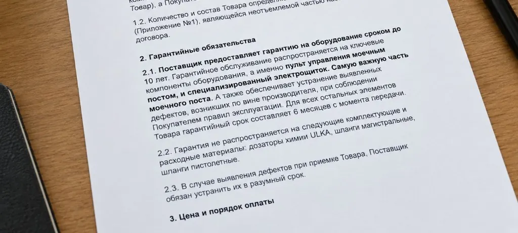 Выдержка из договора поставки: гарантия на оборудование сроком до 10 лет на пульт управления моечным постом и специализированный электрощиток